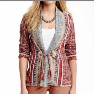 NIC + ZOE Tassel & Tie intarsia knit cardigan bohemian ethnic pattern sweater